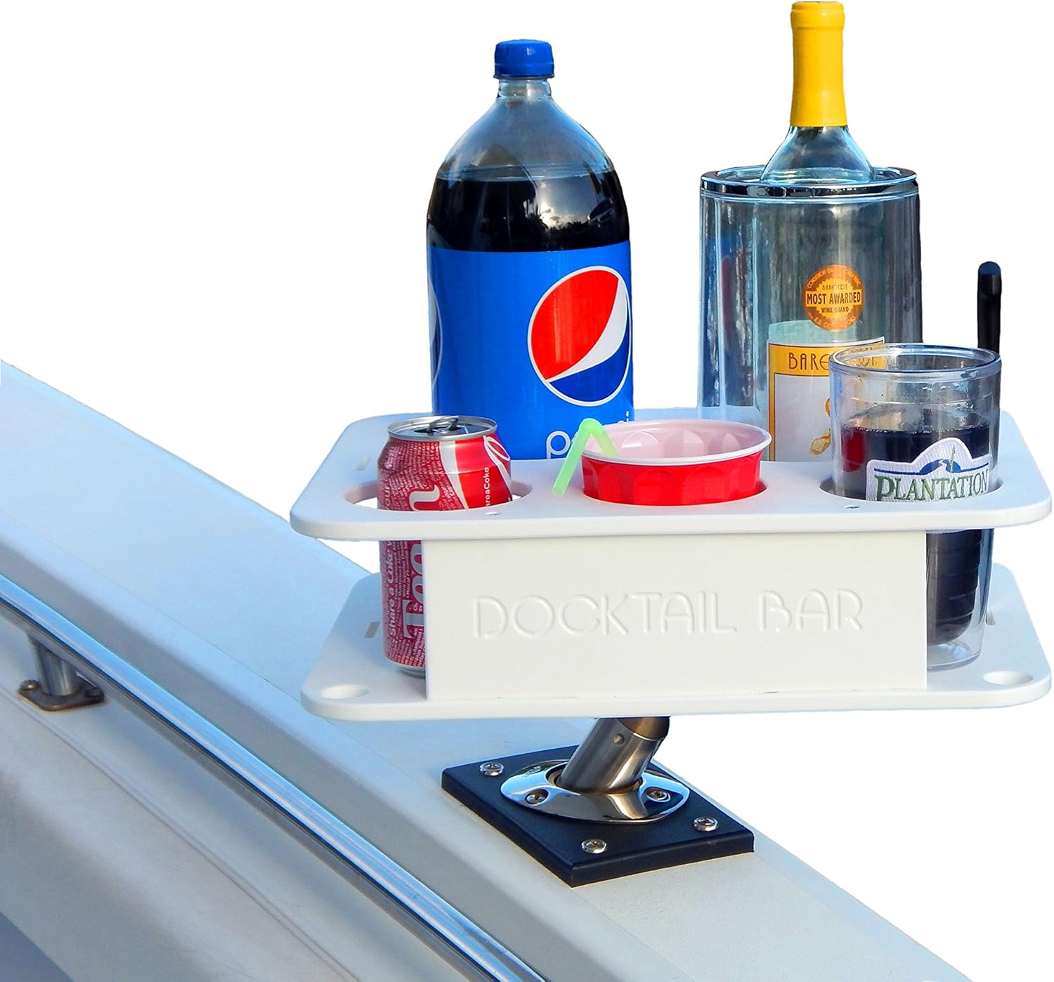 Boat Cup Holder and Marine Bar Accessories - Includes Universal Adjustable Folding Rod Holder Mount - 3 Drink Tumbler Holders Plus Dual Large Bottle Slots - Portable White Plastic Organizer Caddy