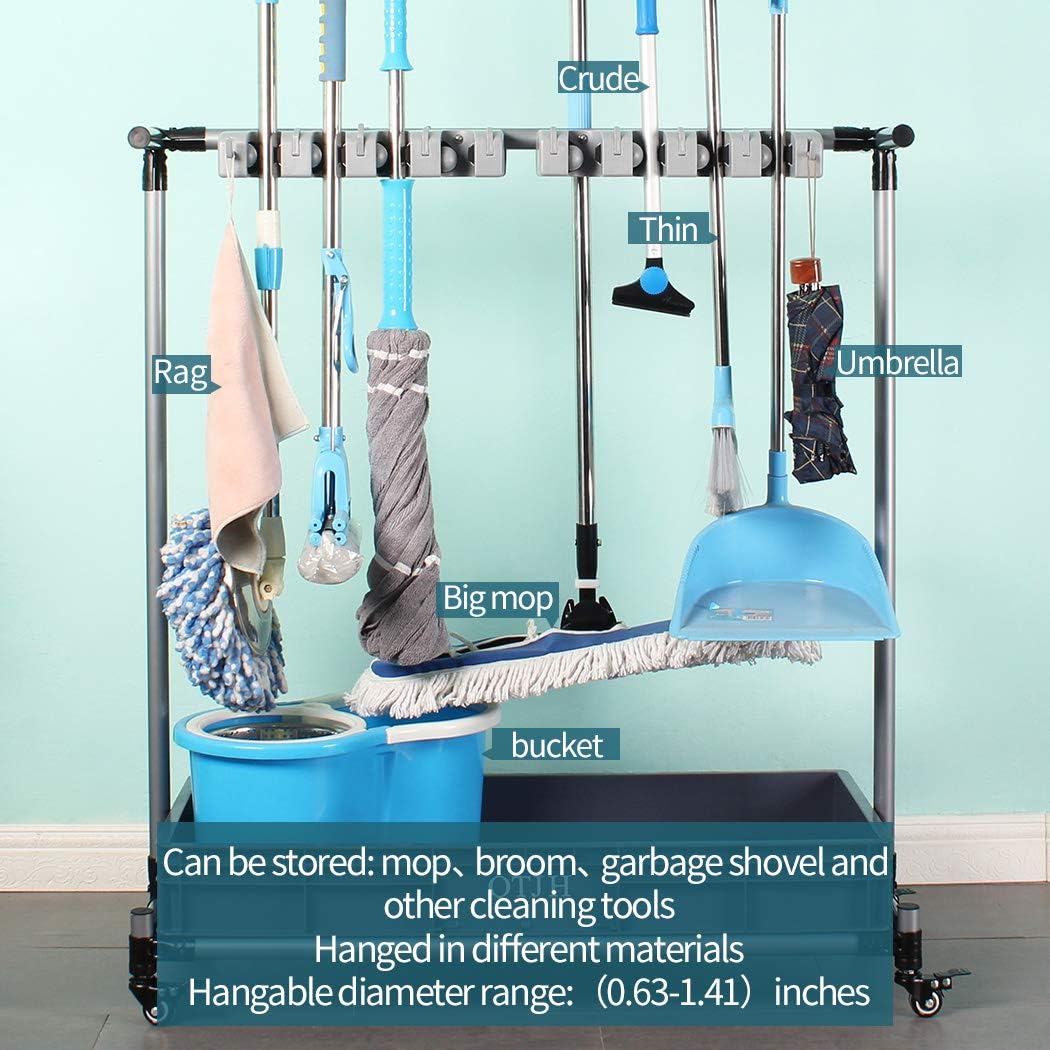 QTJH broom and mop holder put wet mops movable Commercial mop rack cleaning tool cart storage for garden garage organizer mop drain rack
