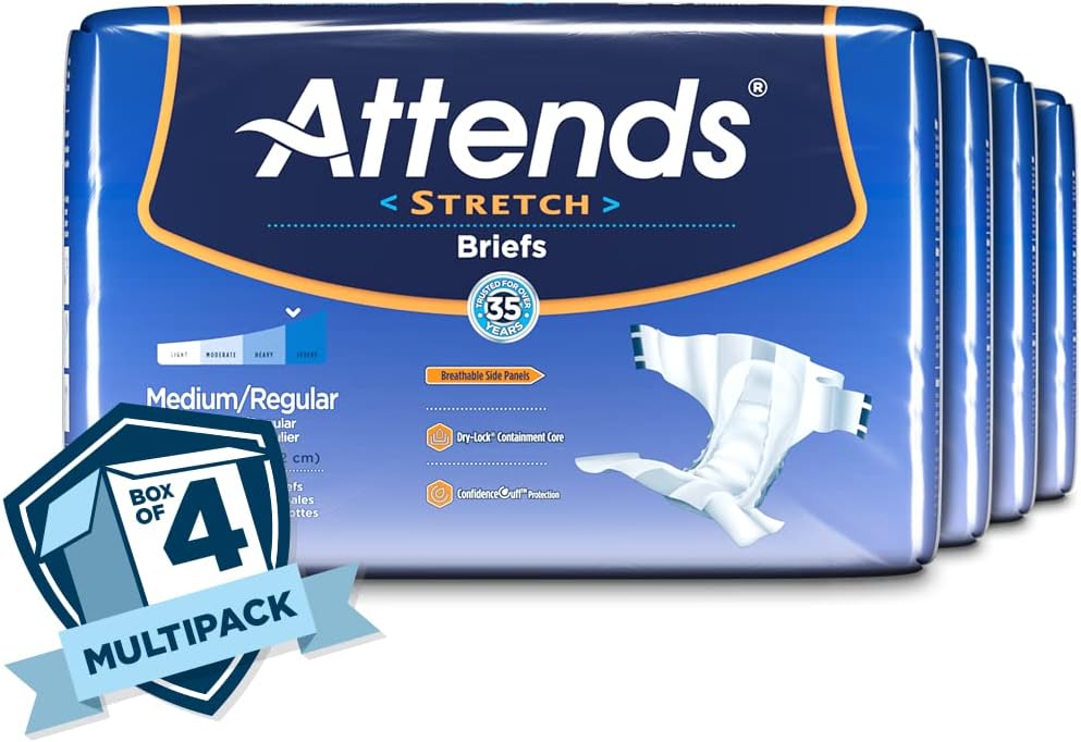 Attends Stretch Briefs with Advanced Dry-Lock Technology for Adult Incontinence Care, Medium/Regular, Unisex, 96Count Pack of 2