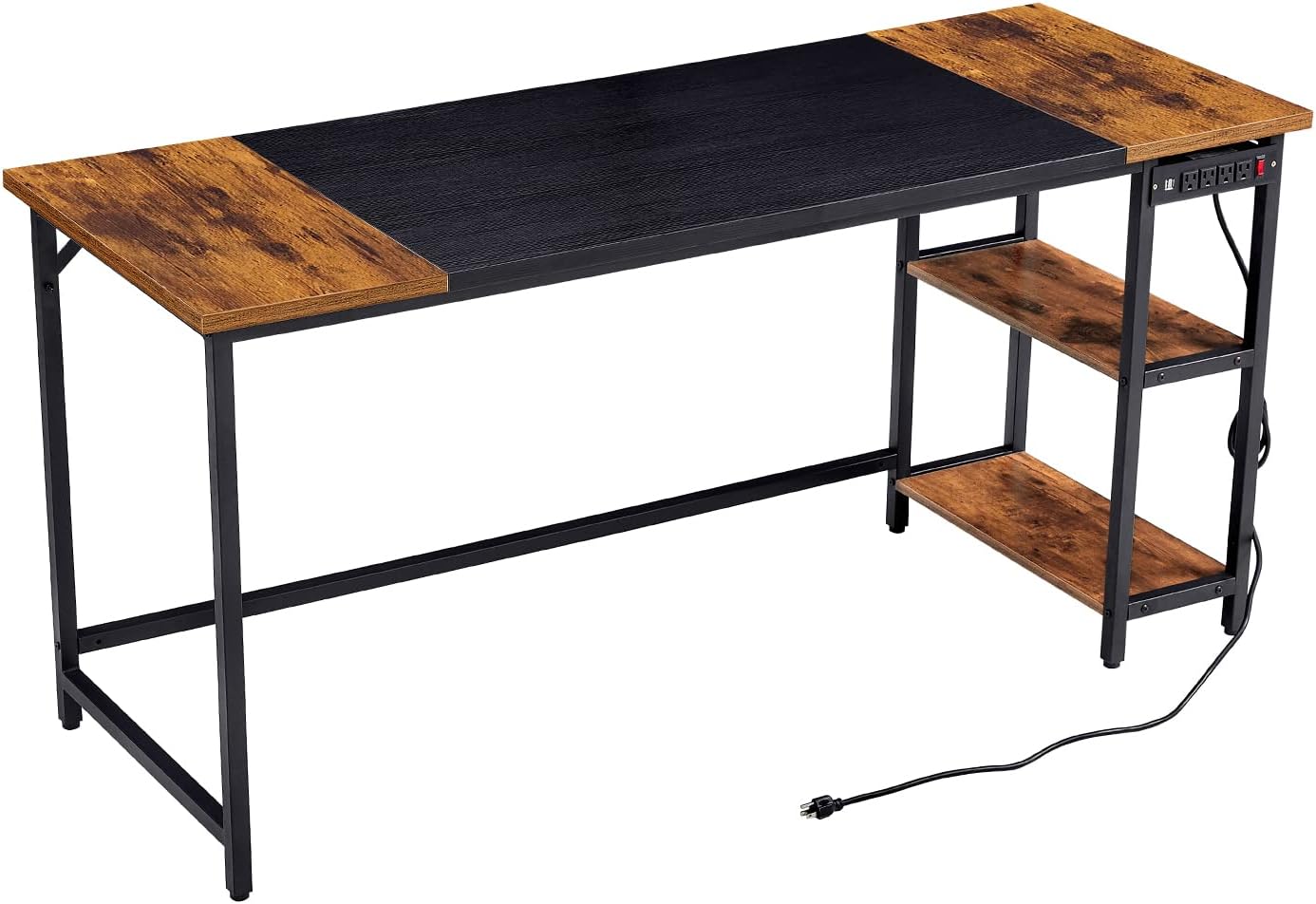 Home Office Desk with Power Outlet, 47'' Computer Desk with Storage Shelves, Modern and Simple PC Table with Splice Board (Rustic Brown+ Black)