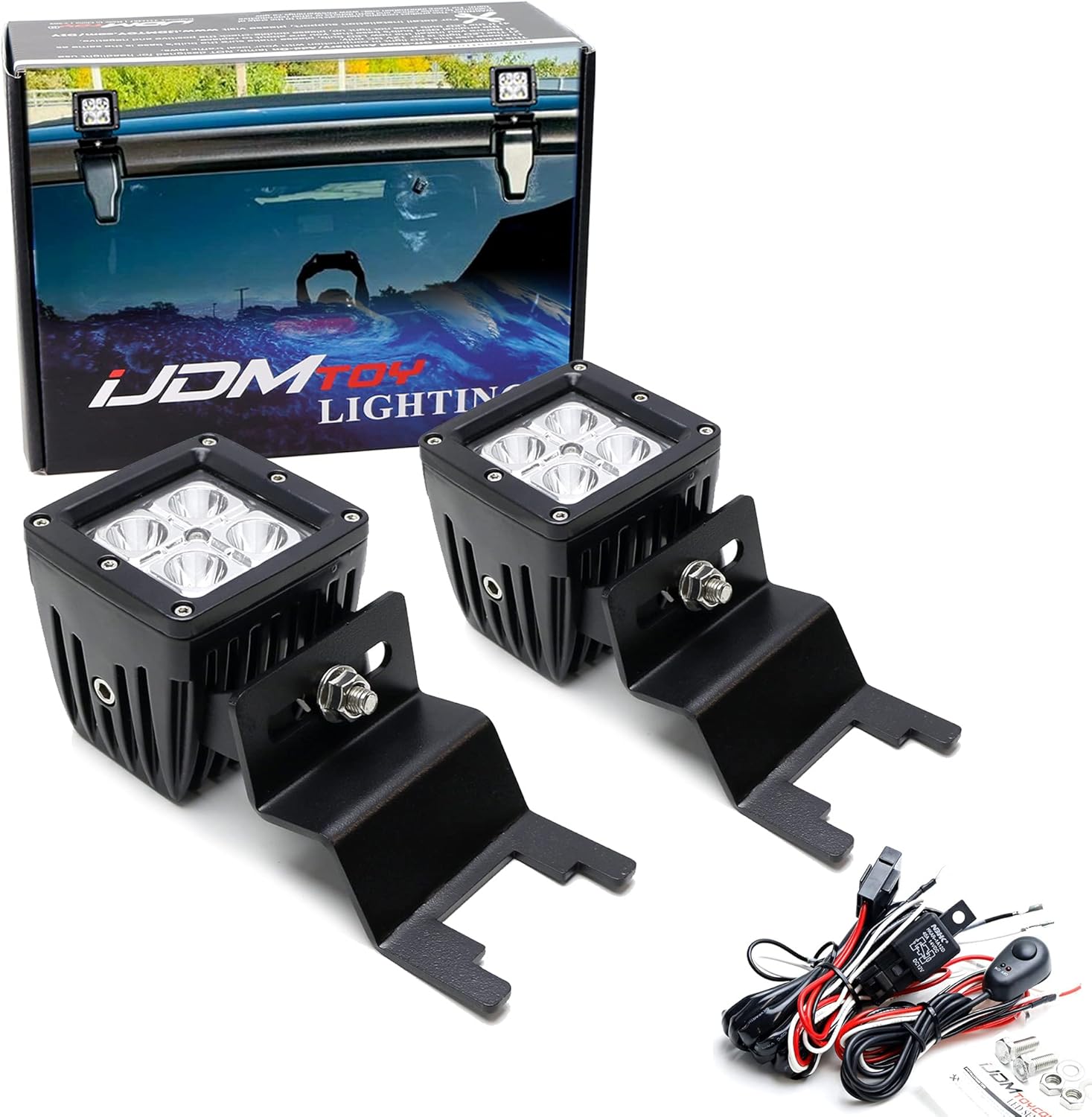 iJDMTOY Rear Window Roof Mount 20W LED Pod Light Kit Compatible With Jeep 2007-up Wrangler JK JL Hardtop, Include (2) D2 LED Cubes, Back Window Hinge Mounting Brackets & On/Off Switch Wiring
