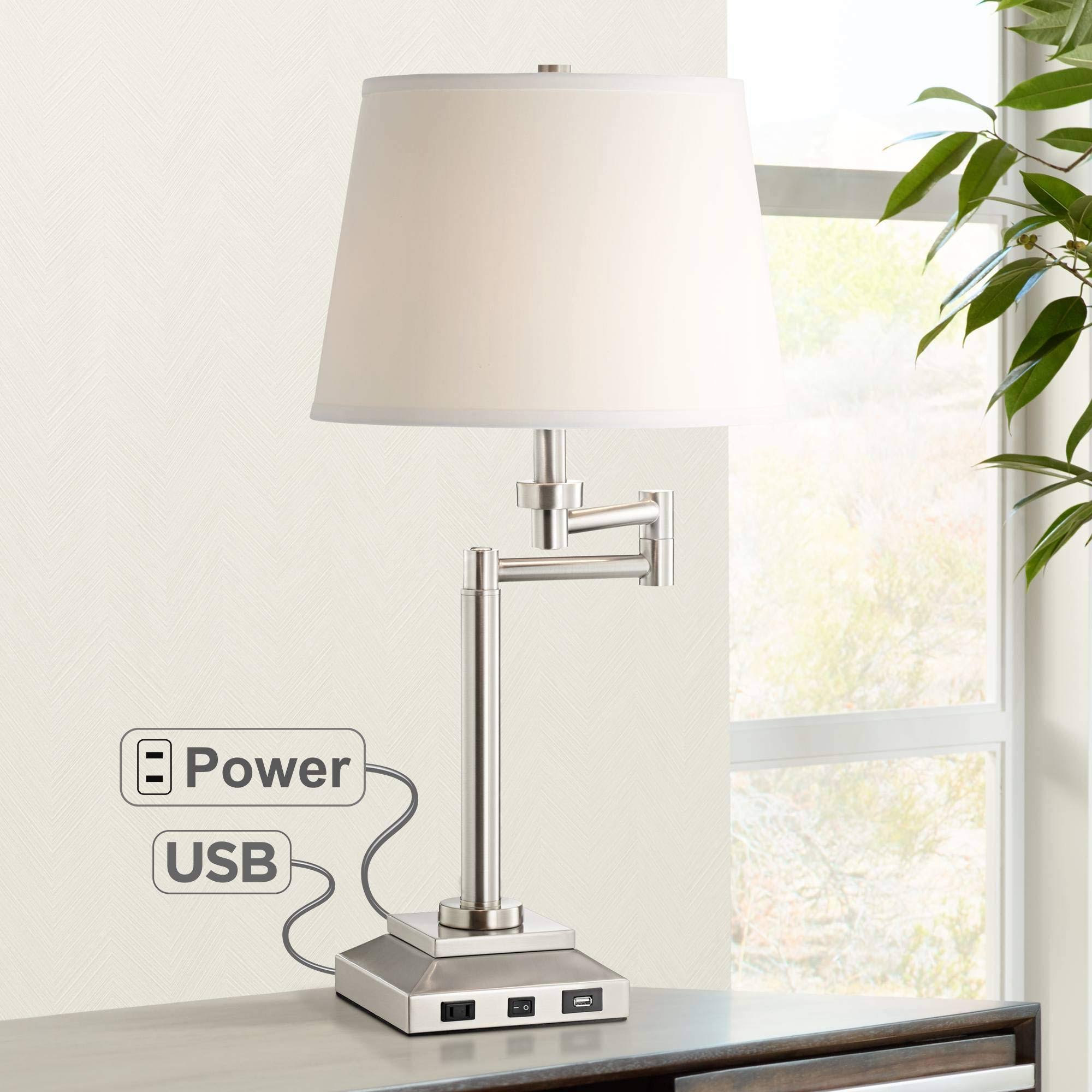 360 Lighting Camber Modern Desk Table Lamp Swing Arm with Hotel Style USB and AC Power Outlet in Base Brushed Steel Linen Shade