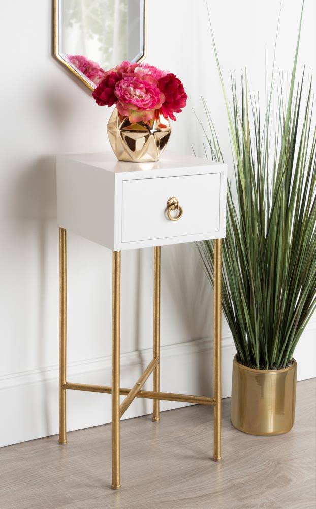 Kate and Laurel Decklyn Modern Glam Wood Side Accent Table with Drawer, White/Gold