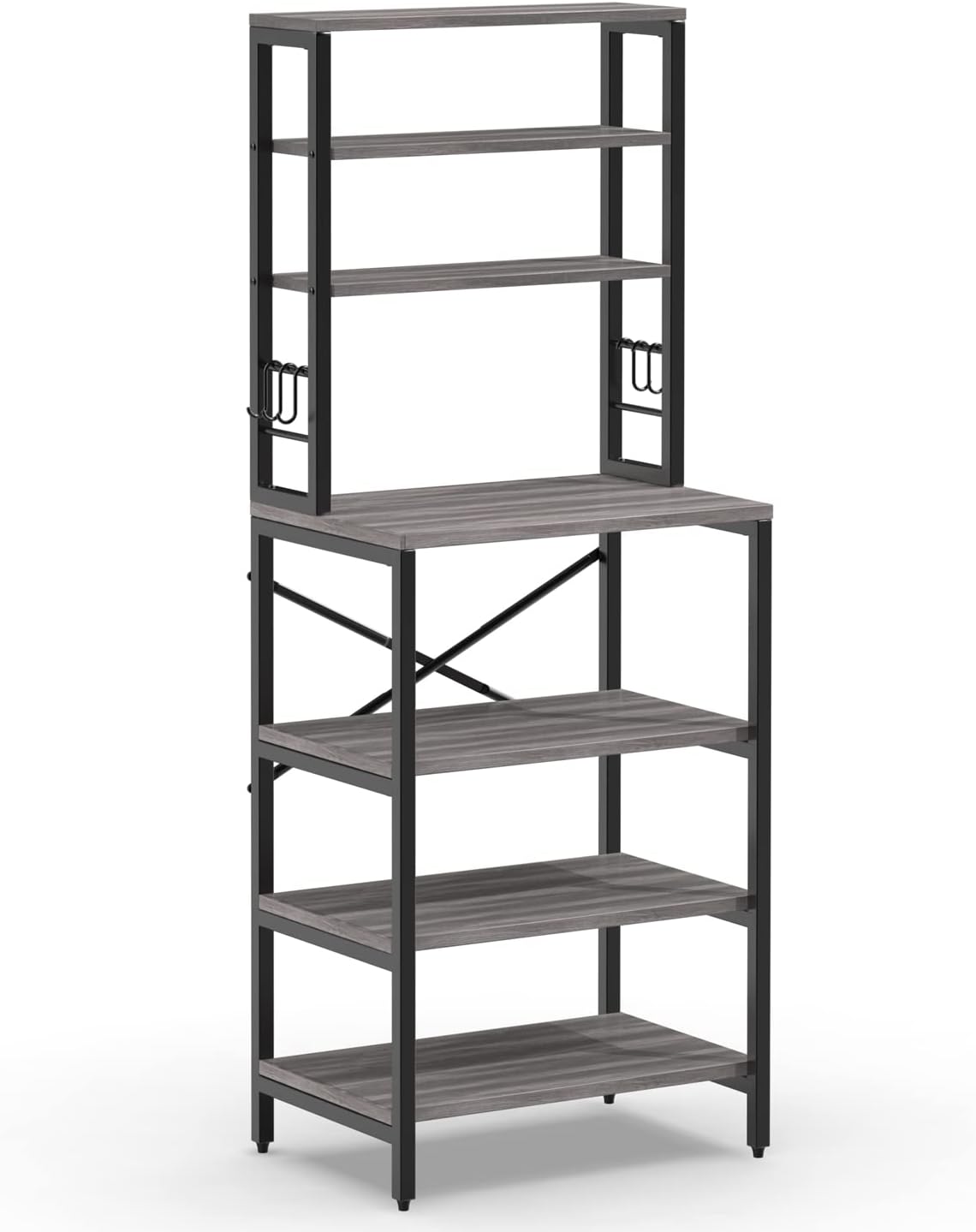 AMOSIC Industrial Kitchen Baker&rsquo;s Rack, Multiuse 7-Tier Metal Kitchen Bakers Rack, 6 S-Hooks, Floor Standing Spice Rack Organizer Workstation, for Microwave, Spice Jars, Pots and Pans, Rustic Brown