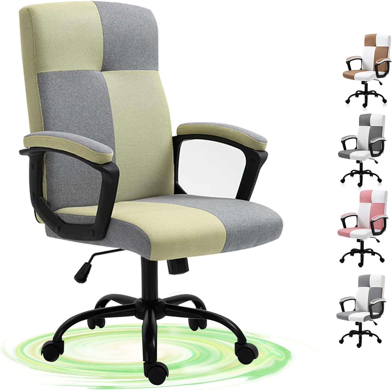 SEATZONE High Back Home Office Desk Chair, Fabric Rolling Swivel Computer Chair with Wheels, Thick Padded Executive Chair with Contrast Color, Green&Grey