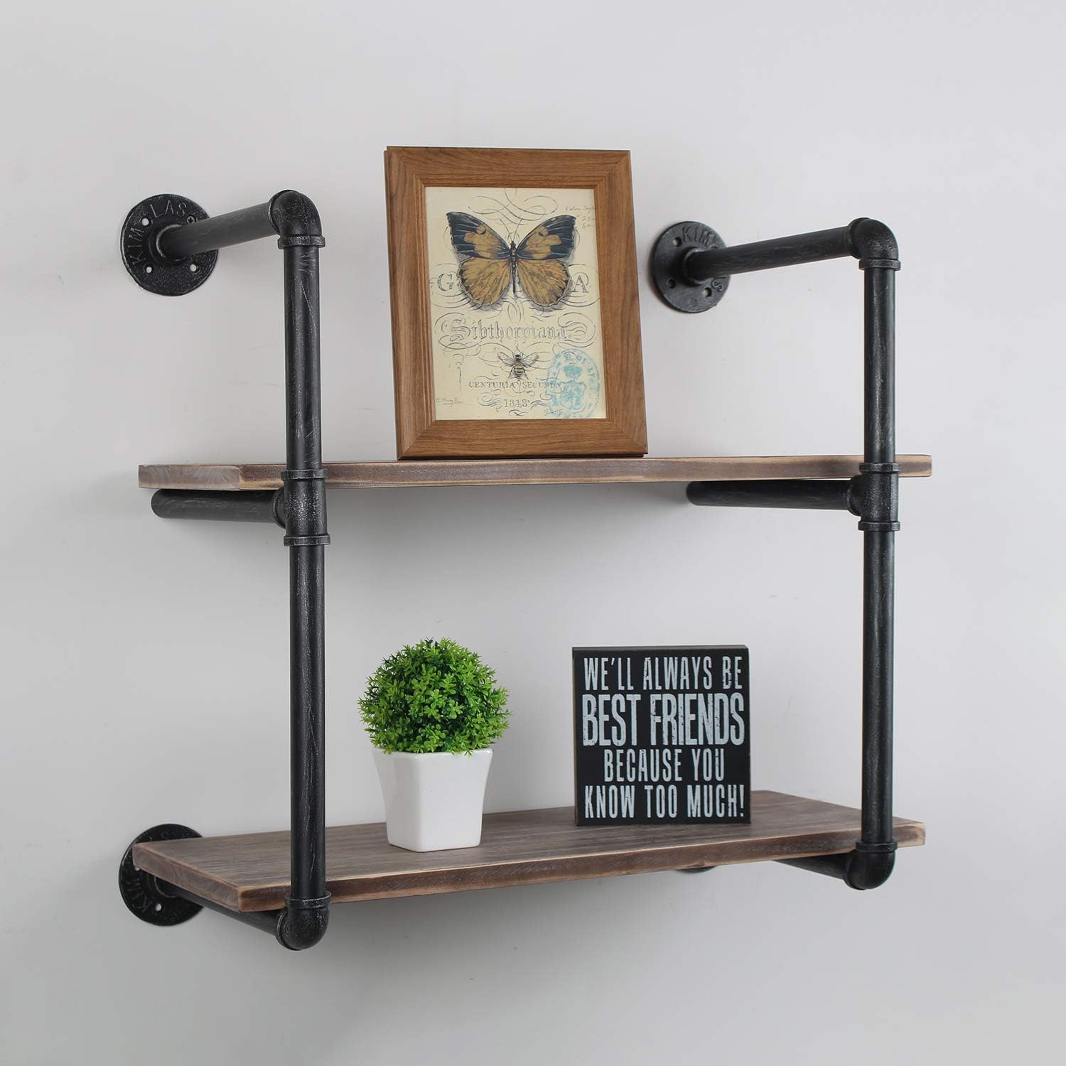 Industrial Pipe Floating Shelves,2 Tiers Wall Mount Bookshelf,24in Rustic Wall Shelves,DIY Storage Shelving Wall Shelf,Rustic Wall Shelving Unit,Wall Book Shelf for Home Organizer,Black Brushed Silver