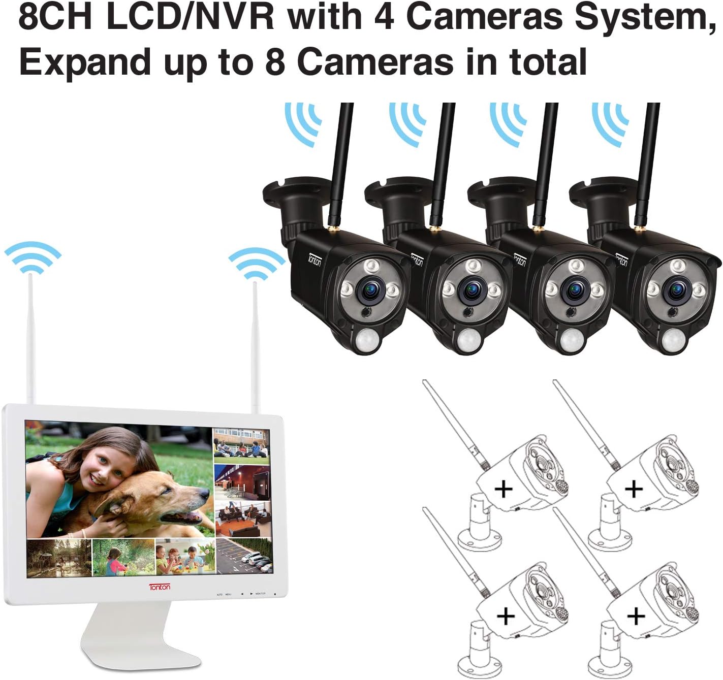 [3MP&2 Way Audio] Tonton Wireless All-in-One Security Camera System with 16 Inch Monitor, 8CH WiFi NVR with 1TB HDD,4PCS 3MP Outdoor Bullet IP Cameras with PIR Sensor,Floodlight,Plug and Play(Black)