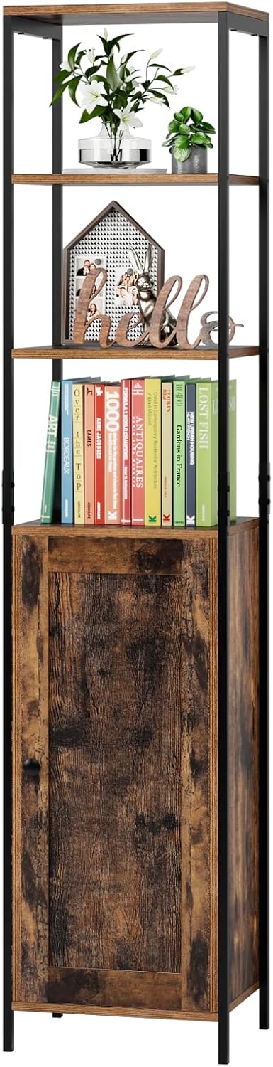 65.8 Inches Bathroom Linen Tower, Tall Cabinet with 3 Open Shelves and 1 Door Freestanding Multipurpose Storage Cabinet Space Saving Organizer Metal Frame, Vintage Pack of 2