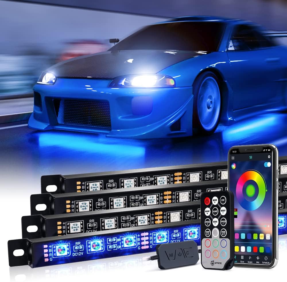Xprite Aluminum RGB LED Car Underglow Light Bar, w/ Bluetooth & Remote Control, Underbody Neon Accent Rigid Lighting Strip, Silicone Sealed Waterproof Lights Kit for Cars Trucks SUV Vans - 4 PCS