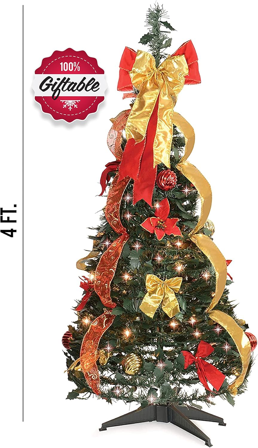 4 Ft Pre-Lit Pre-Decorated Christmas Tree Minimal Assembly Needed Pull Up Pop Out Christmas Tree with Decorations, 100 Warm Lights, and Stand Pack of 2