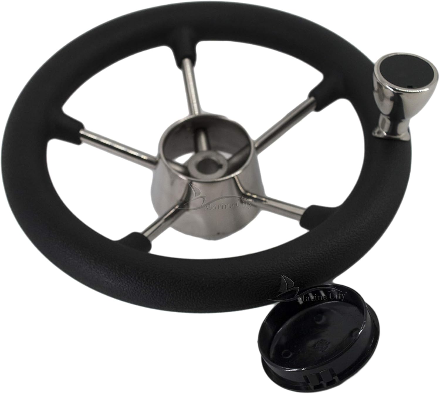 MARINE CITY 11 Inches Black Foam Grip Boat Stainless Steel Steering Wheel with Knob for Boat Yacht (Diameter: 11Inches)