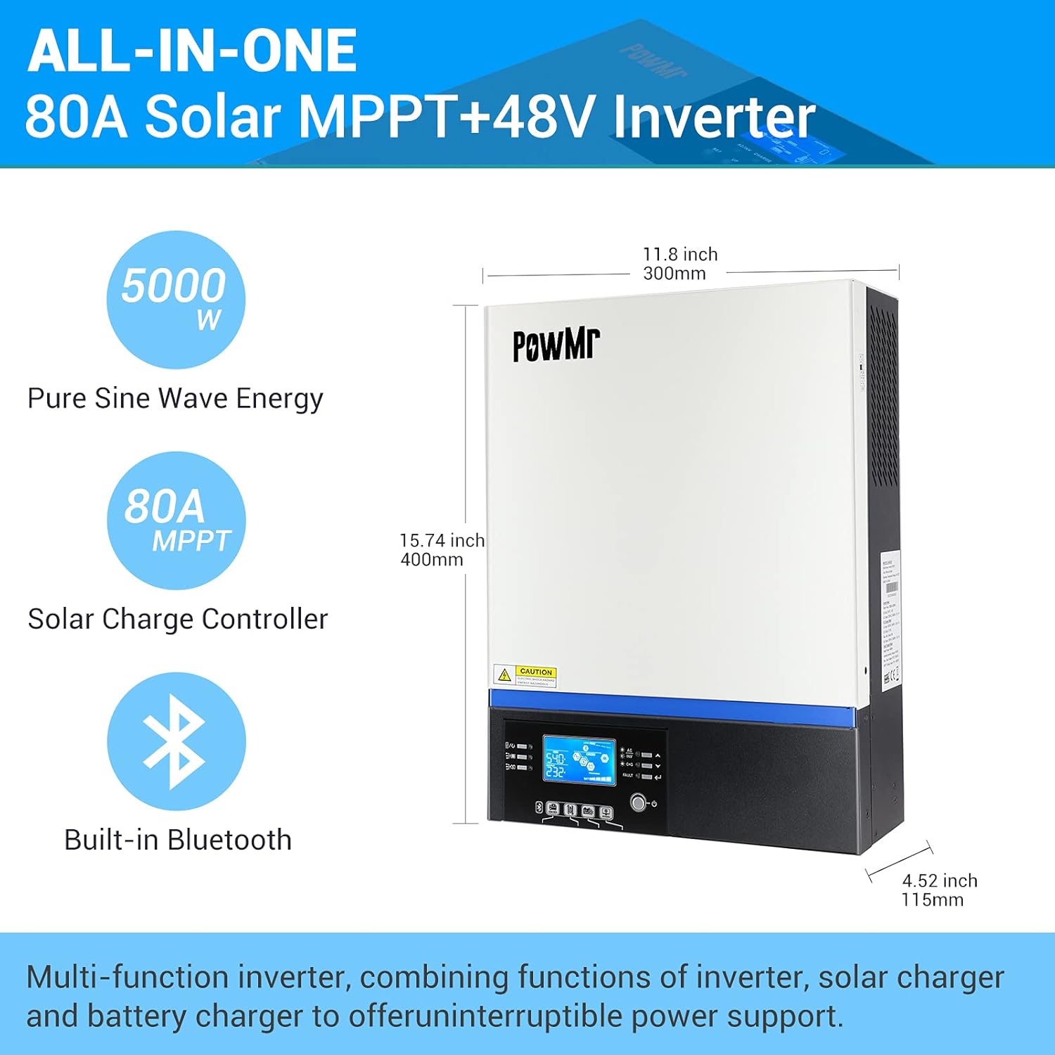 PowMr 5000W Hybrid Inverter，Pure Sine Wave Inverter DC to 220-230VAC with 80A MPPT Charge Controller,Support Solar Charge and Bluetooth LCD USB Control, Work 48v Lead-Acid and Lithium baterry