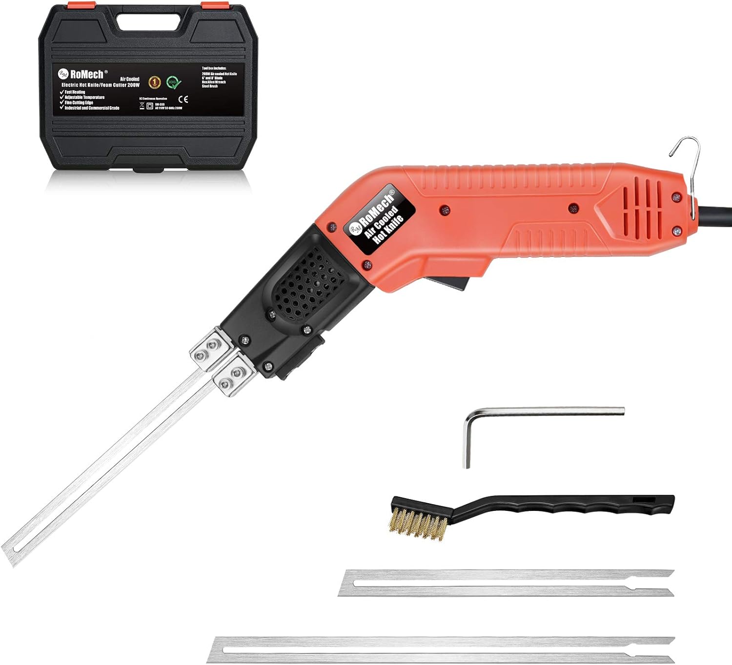 RoMech Foam Cutter - Air Cooled Pro Electric Hot Knife (200W) - Continuous-Use Styrofoam Cutting Tool Kit- with Heave Duty Case, Blades & Accessories (RM-009)