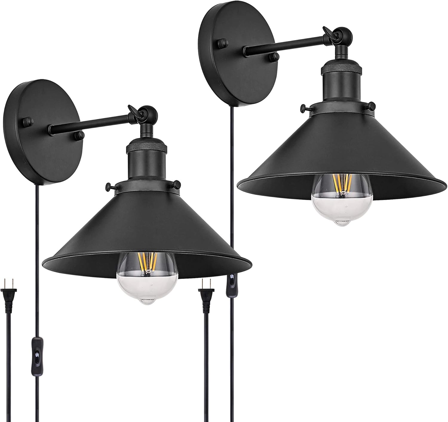Passica 2 Pack Plug in Vintage Industrial Wall Lights Matte Black Retro Wall Sconce Adjustable Lamp Fixture Living Room Bathroom Vanity Bedroom Wall Mount Lamp