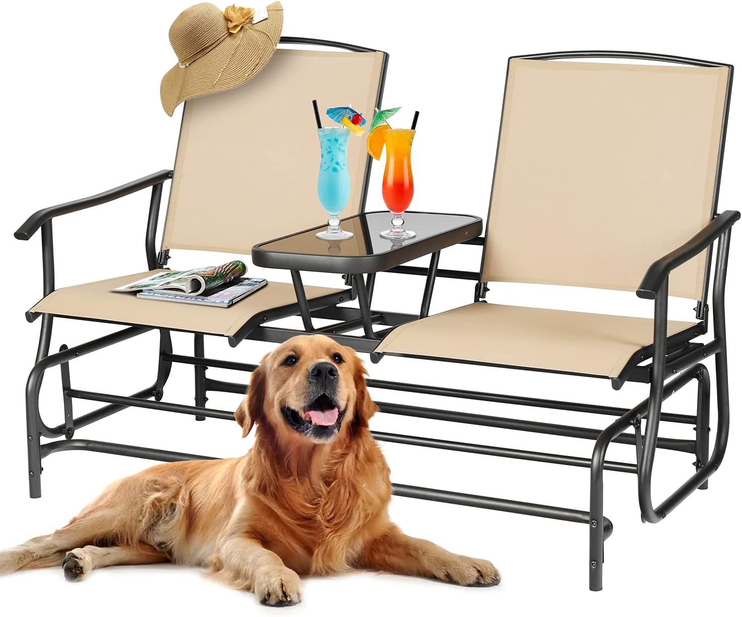 STHOUYN Gliders for Outside Patio with Table, Front Porch Swing Rocker Bench for 2 Person, Backyard, Poolside, Garden Beige (Beige)