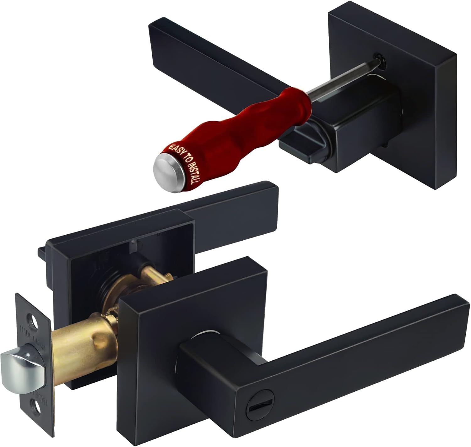 Hade Lion 1 Pack Privacy Square Door Handles Without Keys Matte Black, Easy to Install Straight Door Lever, Ideal for Bathroom/Bedroom Door, Heavy Duty Door Locks