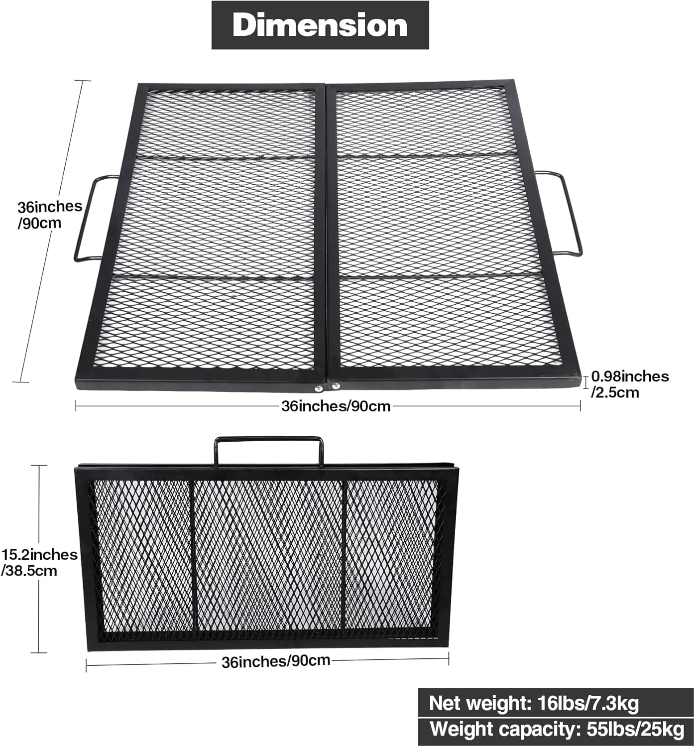 Lineslife X-Marks Fire Pit Cooking Grill Grates, Folding Outdoor Square BBQ Campfire Grill Grate with Handles, Portable Outside Camping Gear Cookware and Accessory, 36 Inch