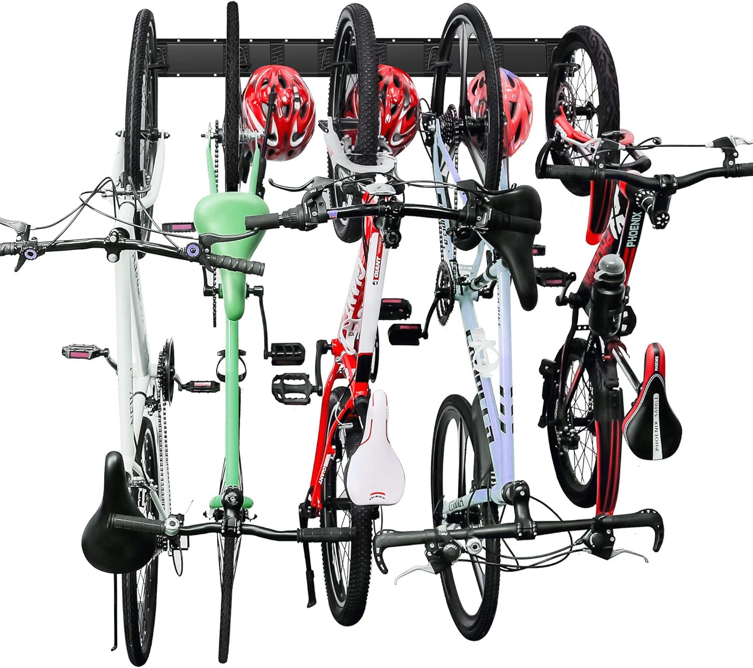 Wallmaster Bike Storage Rack 5 Bicycles Hooks Wall Mount Bike Hanger Indoor Space Saving (8 Hooks and 3 Rails)