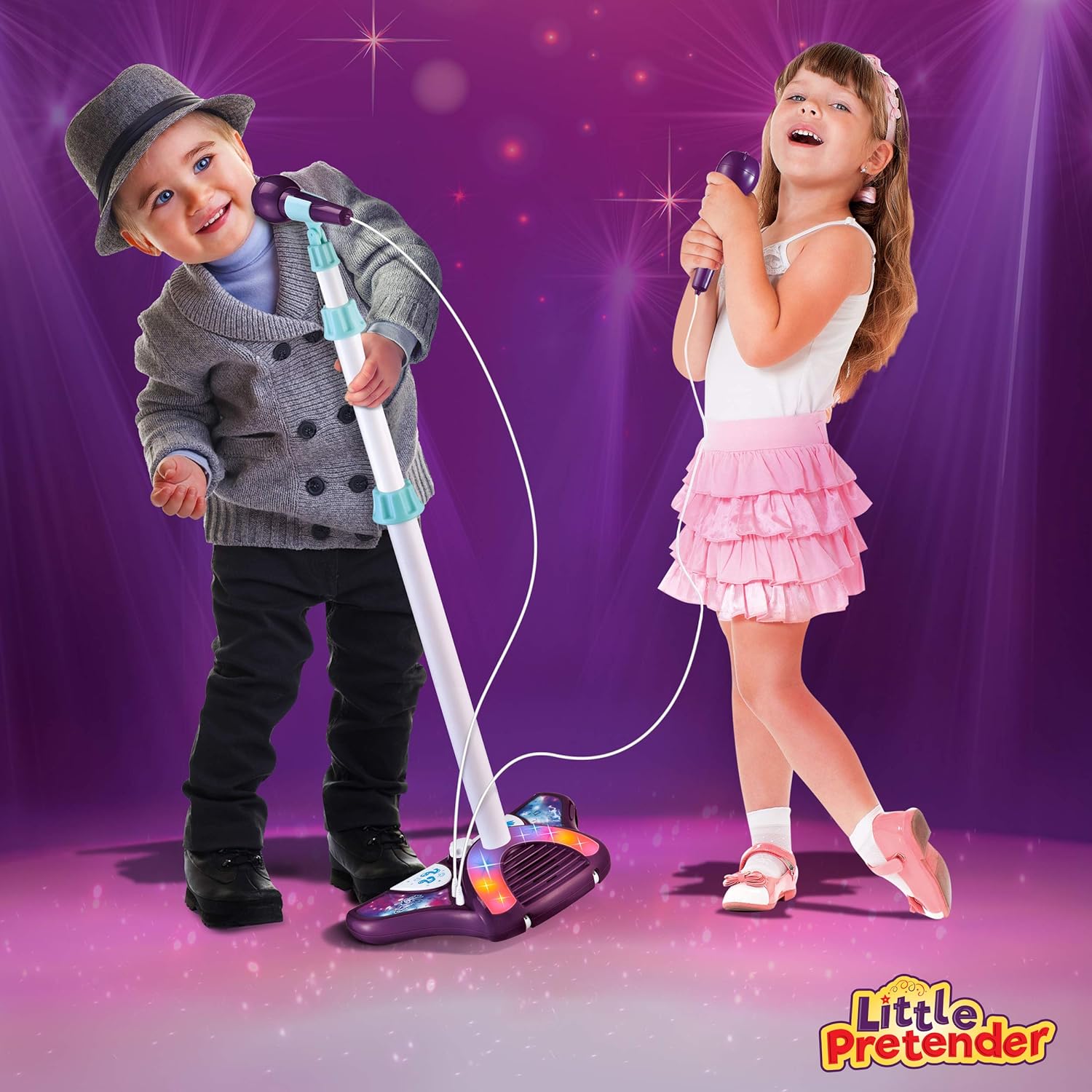 Little Pretender Kids Karaoke Machine with 2 Microphones & Adjustable Stand, Music Sing Along with Flashing Stage Lights and Pedals for Fun Musical Effects