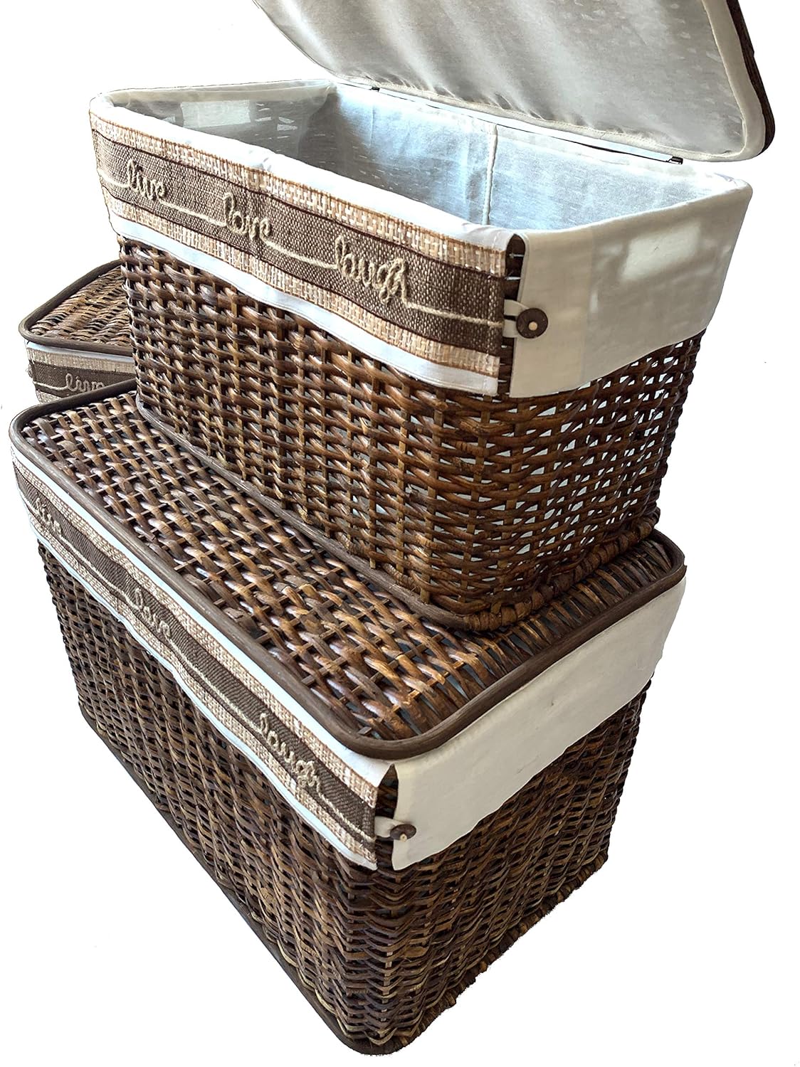 GUTZ Handcrafted Wicker Set of 3 Storage Handwoven Rattan Footlocker Basket Chest Home Organizers with Lids, Handles, Cloth Liner and Coconut Buttons, Jute Rope, and Raffia Weave Accent