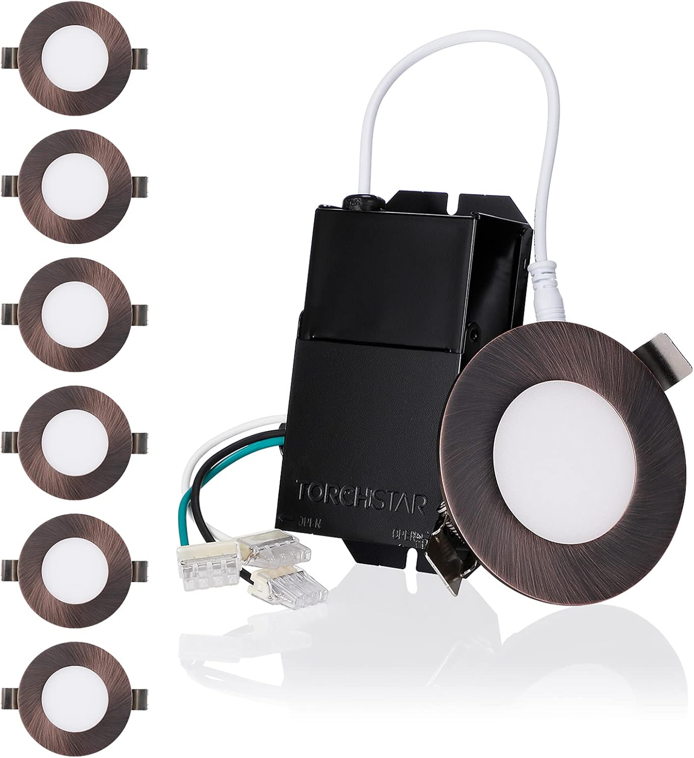 TORCHSTAR 3 Inch LED Recessed Lighting with J-Box E-Lite Series, Slim Panel Downlight Dimmable, 7W CRI90+, Oil Rubbed Bronze, 5000K Daylight, ETL & Energy Star Listed, Pack of 6