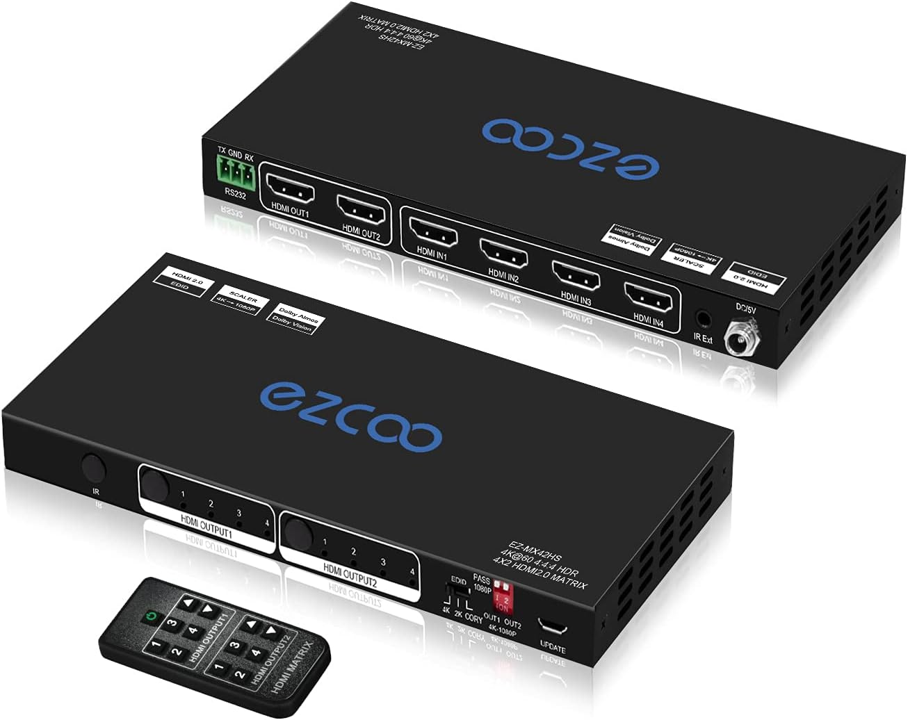 HDMI Matrix 4x2 4K 60Hz 4:4:4 HDR 10 Atmos Easy EDID 4K/2K/Scaler Switch - D-o-l-b-y Vision Atmos in Sync,17 EDID Mode,Set HDCP by PC, HDMI Down Scaler 4K 1080P Sync, RS232 IR Ext. Remote MX42HS Pack of 2