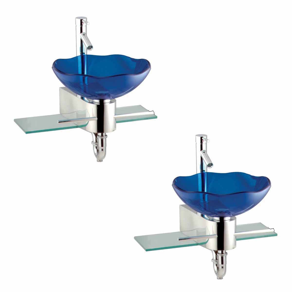 Renovators Supply 2 Small Wall Mount Glass Sink Blue Lotus Combo Package