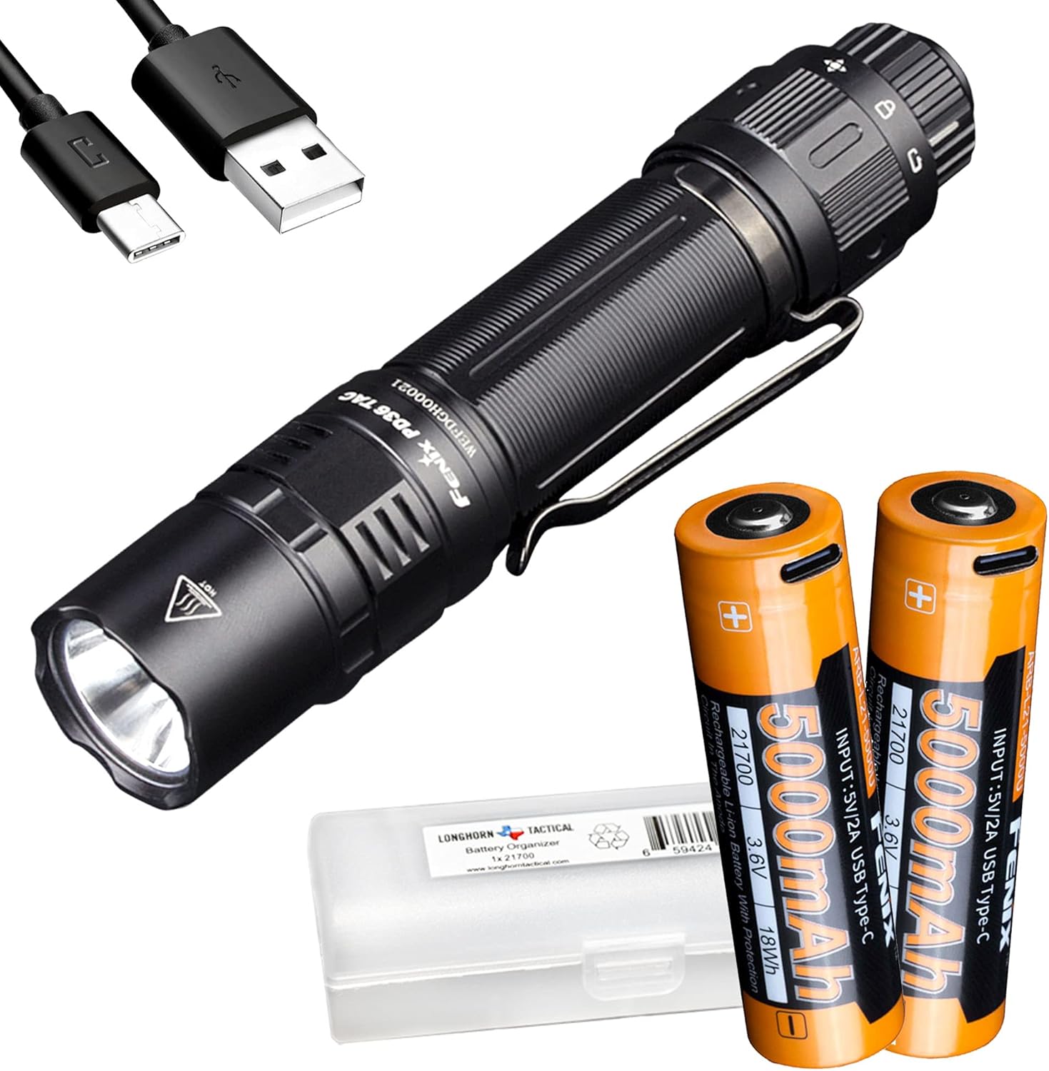 Fenix PD36 TAC 3000 Lumen EDC Tactical Flashlight Bundle with Two 5000mAh USB-C Rechargeable Batteries and LumenTac Organizer