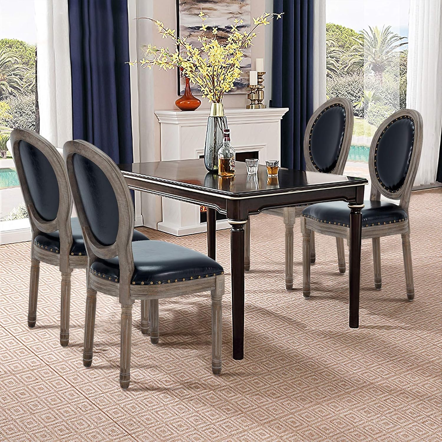 AVAWING Farmhouse Fabric Dining Room Chairs 4 PCS, French Chairs with Round Back, Brown Wood Legs, Oval Side Chairs for Dining Room/Living Room/Kitchen/Restaurant, Light Grey