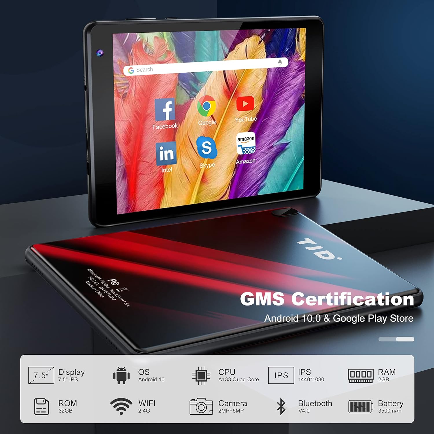 Tablets, Android Tablet 7 inch,Google Certified Android 10, 32GB Storage, Quad-Core Processor, IPS HD Display, Dual Camera, Dual Camera, Wi-Fi, Bluetooth,TJD (Black &Red