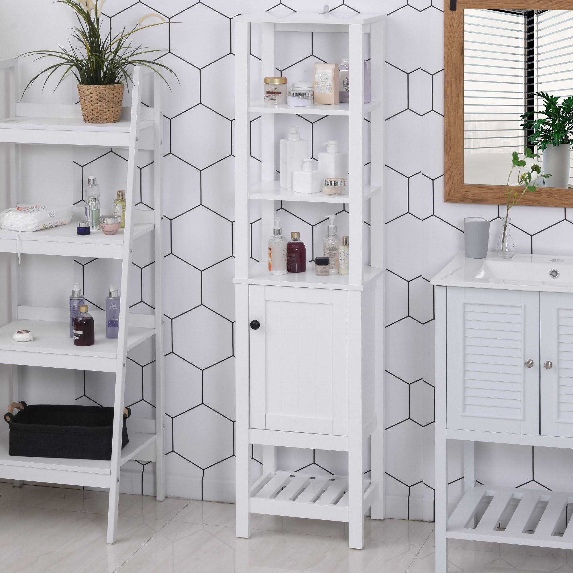 HOMCOM Freestanding Bathroom Tall Storage Cabinet Organizer Tower with Shelves u0026 Compact Design White