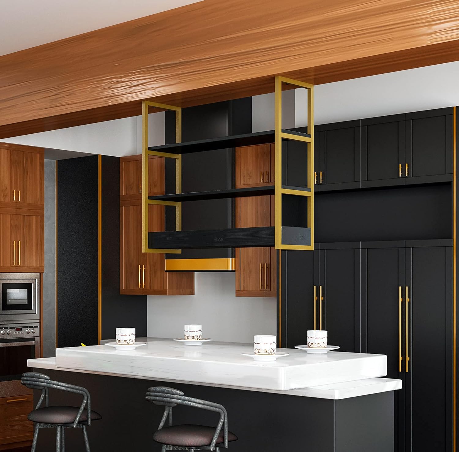 DIYHD 36IN 3 Layer Ceiling Mount Golden Color Flat Pipe Shelf Bracket Industrial Kitchen Sheves,No Wooden Box Pack of 2