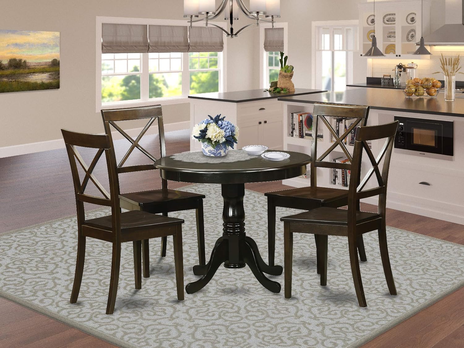 East West Furniture 5-Pc Kitchen Table and Chairs Set Included a Pedestal Kitchen Dining Table and 4 Wooden Dining Chairs - Solid Wood Dining Room Chairs Seat & X-back - Cappuccino Finish