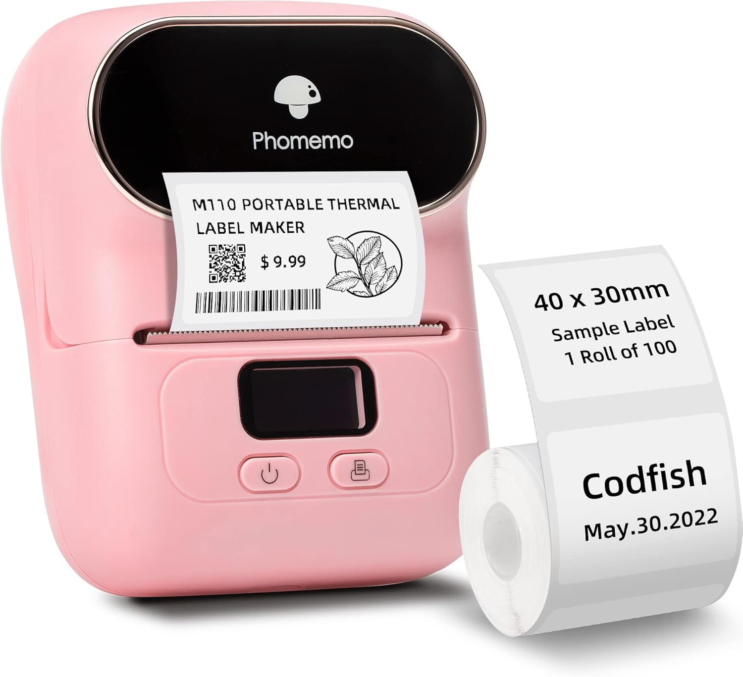 Phomemo M110 Bluetooth Label Maker - Portable Custom Label Maker, Barcode Printer, Mini Thermal Label Maker Machine for Retail, Address, Home, for iOS & Android, with 1pack 40x30mm Labels, Baby Pink