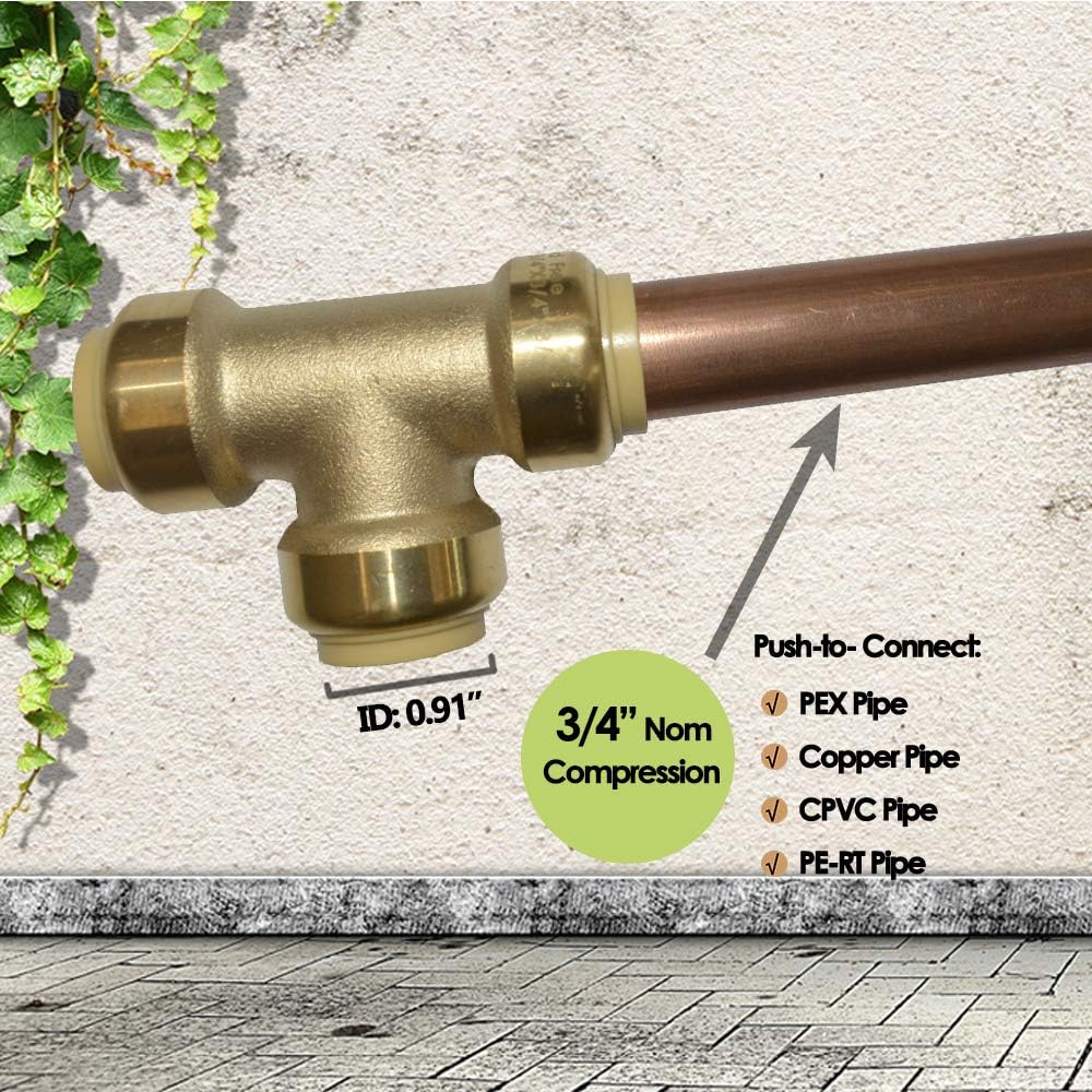 Push Fit Plumbing Tee, Push-to-Connect Plumbing Fittings, Brass Pipe Connector T Fittings for Copper, PEX, CPVC, Lead Free (12, 3/4 Inch(3/4