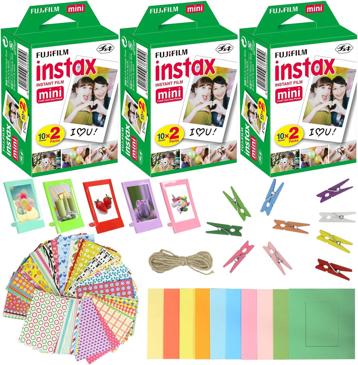 Fujifilm Instax Mini Instant Film (3 Pack, 60 Sheets) 5 Plastic Desk Frames + 10 Paper Frames Plus 60 Sticker Frames Pack of 2