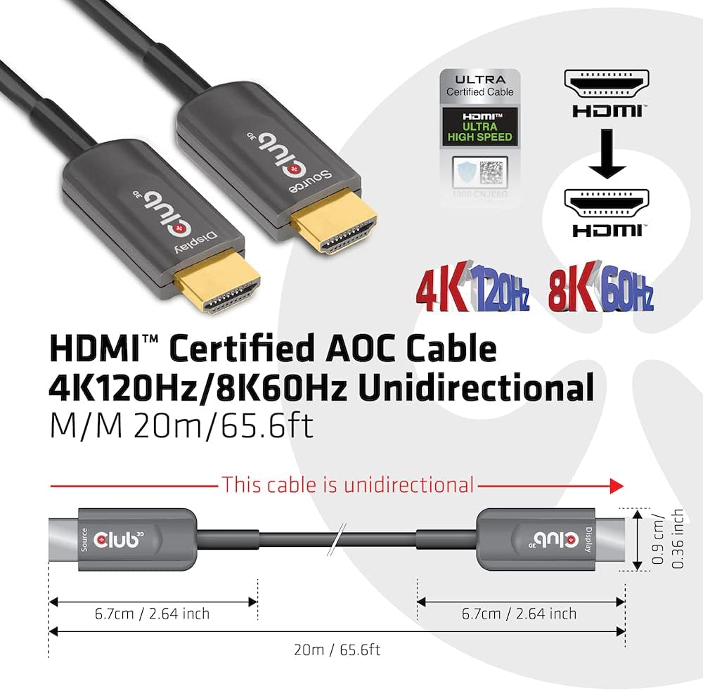Club3D Certified 8K 60Hz 4k 120Hz Active Fiber Optical HDMI 2.1 Cable AOC Male/Male 20 meter / 65.6 feet CAC-1379