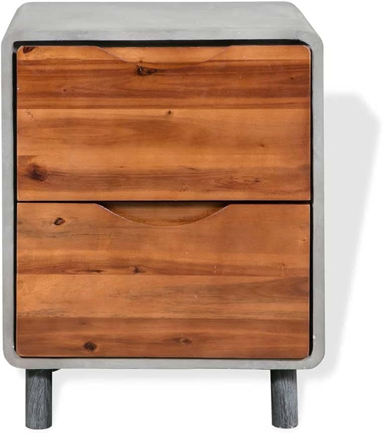 vidaXL Solid Acacia Wood Nightstand Concrete with 2 Drawers 15.7