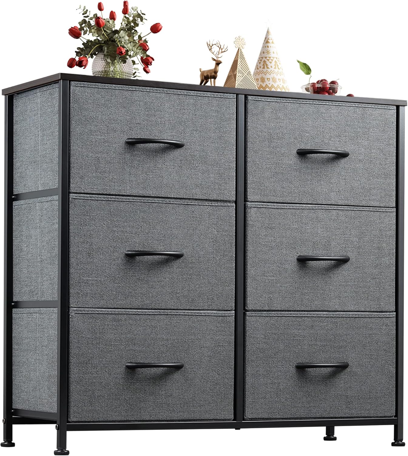 WLIVE Dresser with 6 Drawers, Fabric Storage Tower, Industrial Closet Organizer Unit with Metal Frame, Wooden Top, Storage Dresser for Bedroom, Hallway, Entryway, Black