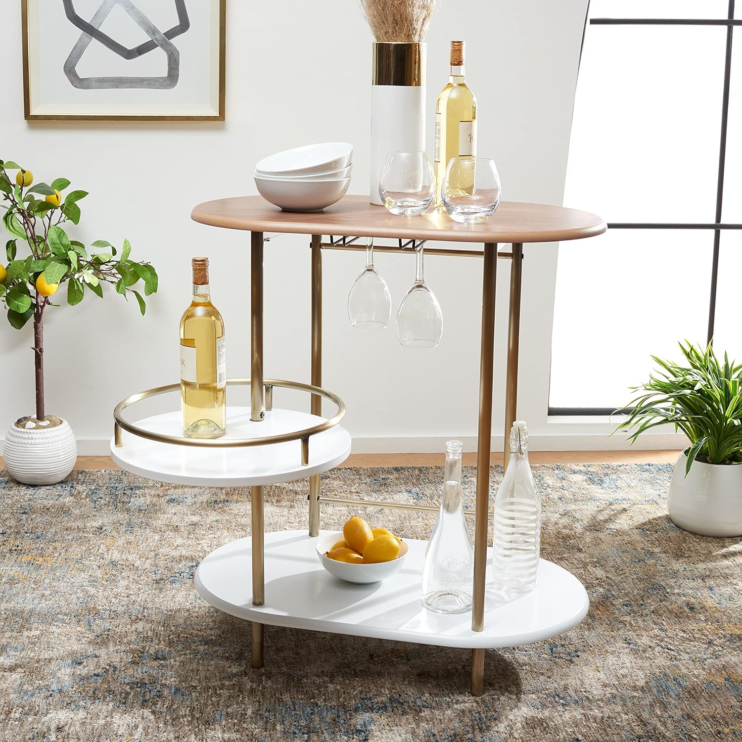 SAFAVIEH Home Collection Iva Light Walnut/ Gold 3-Tier Swivel Stemware Rack Bar Table