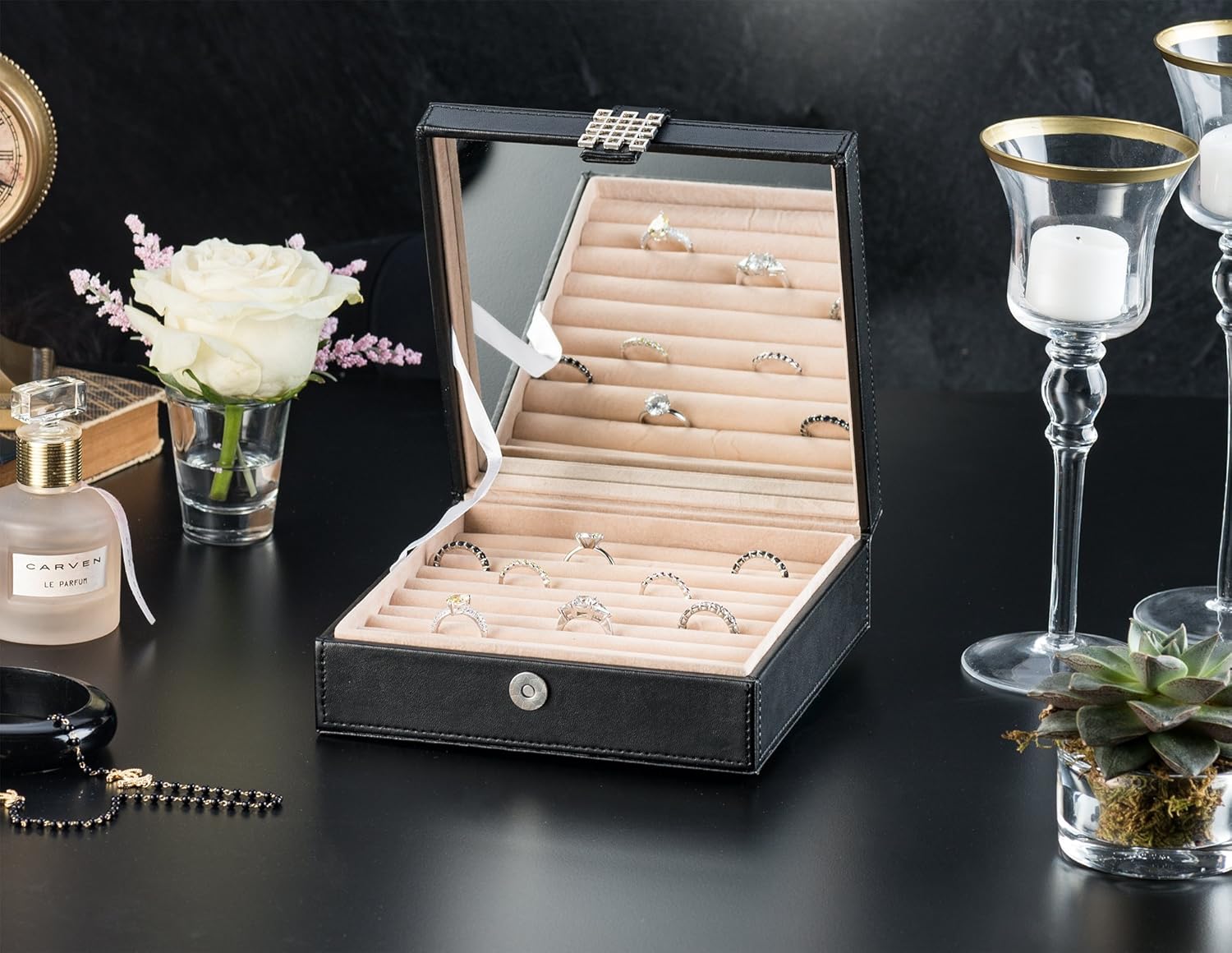 Glenor Co Ring Box Organizer - 54 Slot Classic Jewelry Display Case Holder - Storage Tray with Modern Buckle Closure, Large Mirror - Holds Rings and Cufflinks - Small for Travel - PU Leather - Black