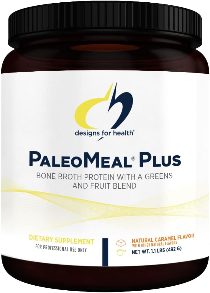 Designs for Health PaleoMeal Plus Powder - Meal Replacement Shake or Supplement - Bone Broth Protein Shake with Green Powder, Amino Acids, Nutrients - Caramel Flavor Drink (15 Servings / 492g) Pack of 2