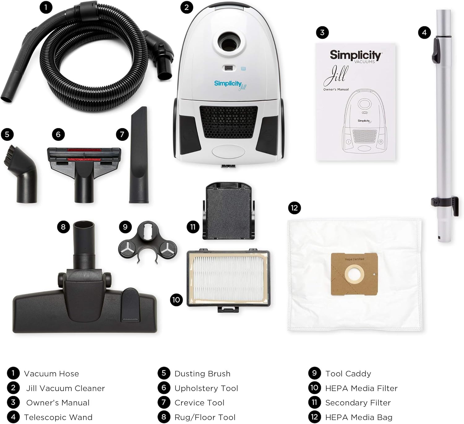 Canister Vacuum Cleaner, Simplicity Jill Compact Vacuum for Hardwood Floors and Rugs, Dual Certified Hepa Filtration, Bagged