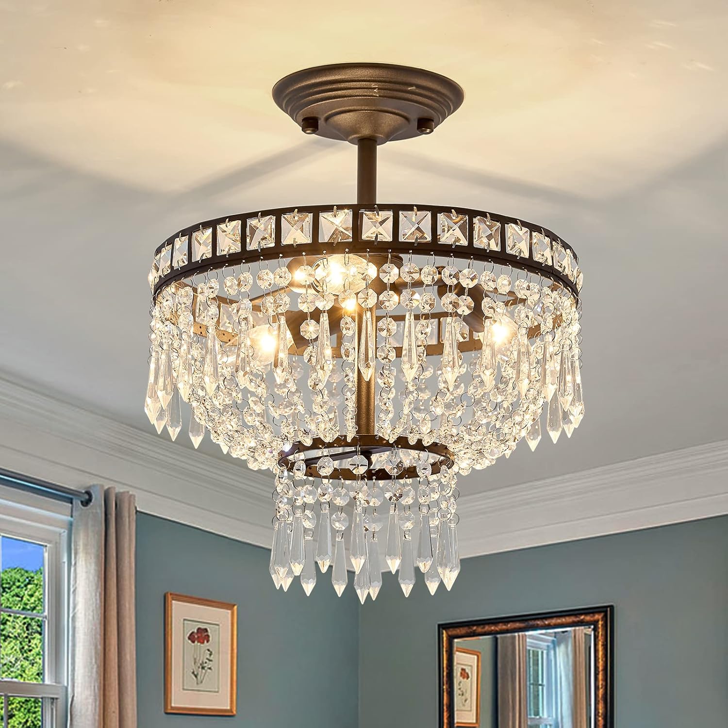 DAFKOS Modern Crystal Chandelier,3 Lights Semi Flush Mount Ceiling Light Fixture , Black Farmhouse Ceiling lamp for Bedroom Living Room Dining Room Entryway Hallway