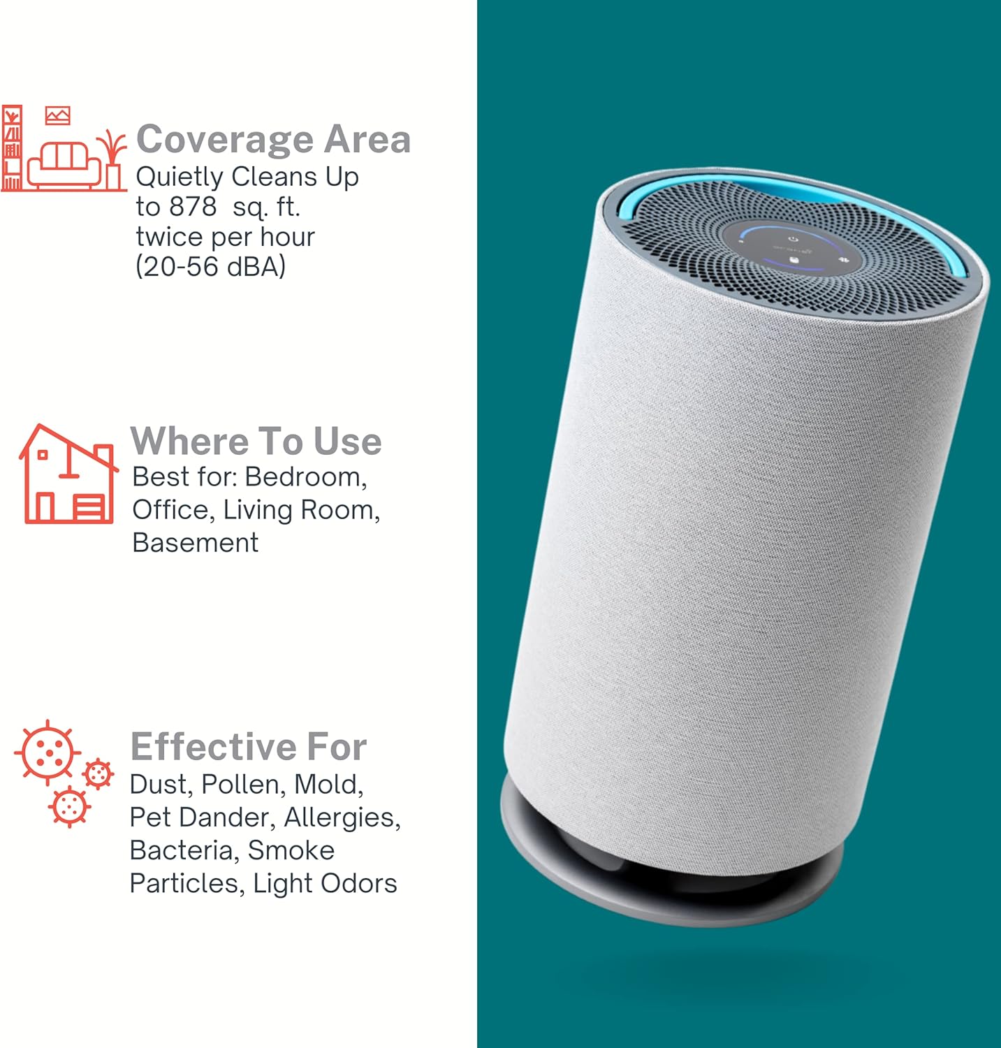 Oransi Air Purifiers for Home Large Room, Bedroom, Room, Office, Classroom 878 Sq Ft HEPA Filter Removal 99%+ for Pet Smoke Odor Dust Mold Virus Allergy Bacteria Pollen Asthma 10-Yr Warranty | Mod Jr