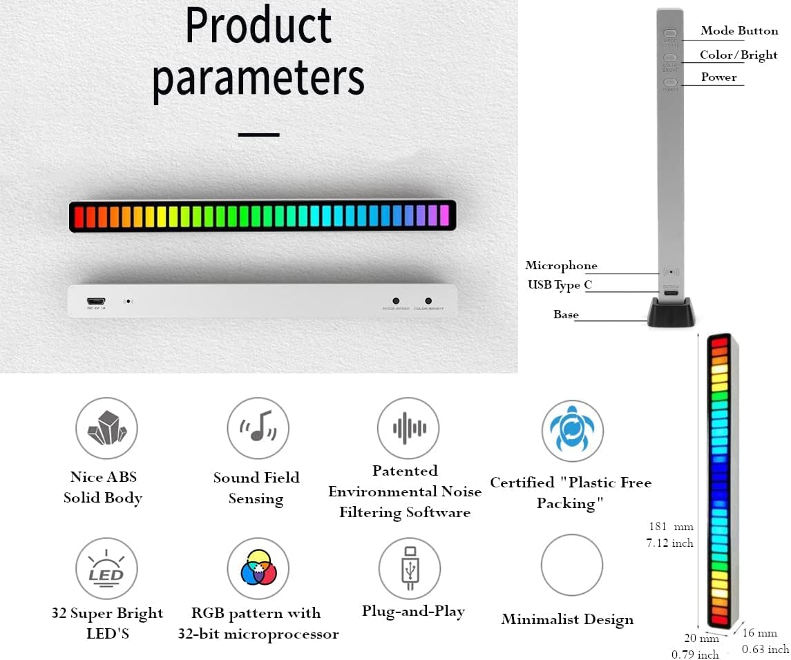 TEBASS RGB Music Level Lights Bar, Sound Activated 32 LED RGB Lights 2022 Colorful, High Sensitive Patented Noise Removal Software for Car DJ/Youtuber Studio Gaming Set and Studio to Sing