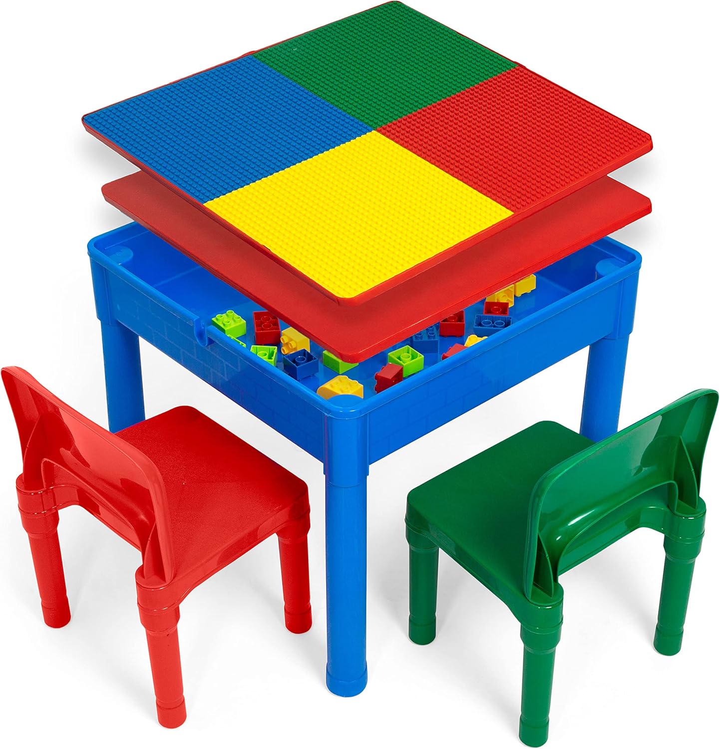 Play Platoon Kids Activity Table Set - 5 in 1 Water Table, Building Block Table, Craft Table and Sensory Table with Storage - Includes 2 Chairs and 25 Ex-Large Blocks &ndash; Primary Colors