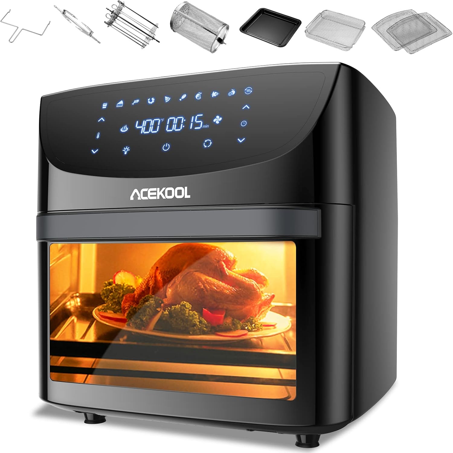 Air Fryer Oven 10-in-1, 19QT Acekool Large Airfryer Toaster Oven Combo 1800W Air Fryers with Rotisserie and Racks, Dehydrator, LED Digital Screen, 9 Accessories and Recipe Cookbook