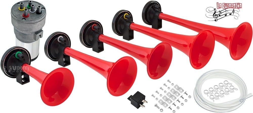 Vixen Horns Loud 5/Five Trumpet La Cucaracha Musical/Music Sound Air Horn with Compressor Full Complete System/Kit Red 12V VXH6803R Pack of 2