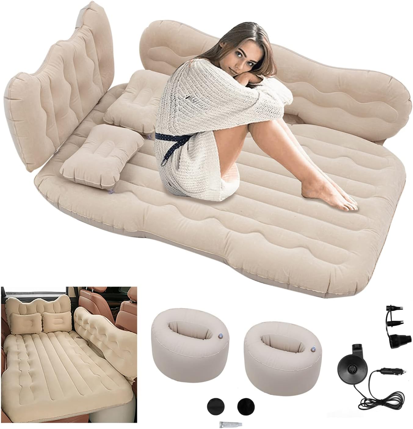 Conlia Inflatable Car Air Mattress Back Seat, Car Matressess for Back SUV Cushion Flocking, Backseat Air Mattress for Car Upgrade Thickened Car Inflatable Mattress with Air Pump - Beige